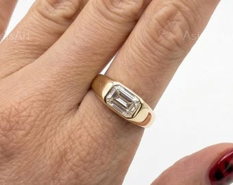Bezel Dome Ring Women 14K Solid Gold Chunky Engagement Ring, Thick Emerald Solitaire Ring, Lab Diamond Wide Band Real Yellow Rose White