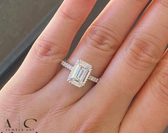 Emerald Cut Diamond Pave Band Genuine Lab Grown Diamond Rings Emerald-Cut Diamond Ring Hidden Halo Rings High Setting Rings Cathedral Ring