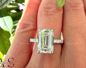 4.25 carat IGI CERTIFIED D/VVS2 Emerald Cut Lab Grown Diamond Solitaire Engagement Ring Hidden Halo Side Round Diamonds 14k White Gold