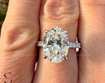 Hidden Halo Oval Diamond Engagement Ring with Open Gallery, Lab Grown Diamond Wedding Ring, Pave Setting, Handmade Ring