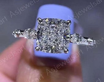 3CT Three Stone Lab Grown Diamond, Elongated Cushion With Round Side Diamond, 14K Solid Gold Engagement Anniversary Ring, Unique Bridal Gift