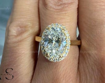 2.50 Carat Oval Cut Lab Diamond Halo Ring, Pave Set Lab Grown Diamond Accent Ring, Prong Set Diamond Ring, 14K Yellow Gold Anniversary Ring