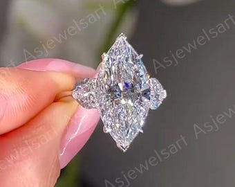 3CT Marquise Lab Grown Diamond Engagement Ring with Heart Side Diamonds, Three Stone Gold Ring, Unique Bridal Jewelry, Promise Ring