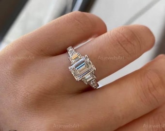 Emerald Cut 2 carat IGI Certified E Color VVS1 Clarity Lab Grown Diamond Three Stone Engagement Ring, Emerald Side Diamonds, Solid 14k Gold