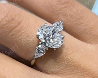 3 CT Trilogy lab created Engagement Ring, Oval Cut Diamond Ring, E, VS1 three Stone Anniversary Ring, Unique Promise ring, Gift for Her.