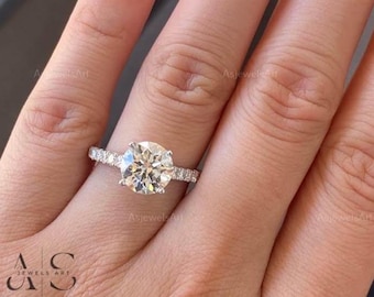 Round Lab Grown Diamond Ring Hidden Halo Engagement Ring Round Diamond Wedding Ring Solitaire Proposal Ring for Her Unique Pave Setting