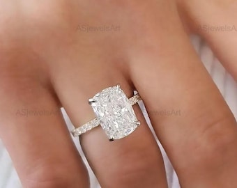 4.5CT Cushion Cut Lab Grown Diamond Ring Solitaire Hidden Halo Engagement Ring Pave Cathedral Setting Anniversary Ring