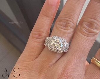 1 CT Round Lab Grown Diamond Ring, Hidden Halo, 14K White Gold Band