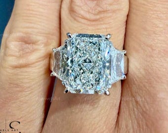 6 Carat E Color VVS2 Clarity Radiant Cut Three Stone Lab Grown Diamond Engagement Ring, Side Trapezoids , 18k White Gold
