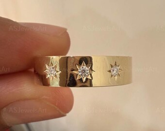 14K Solid Gold Celestial Diamond Wedding Band, Minimalist Star Lab Created Diamond Ring, Dainty Real Gold Celestial Ring, Anniversary Gift