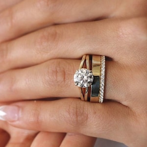 Alliance en moissanite coupe ronde pour femmes en or 14 carats, 5 mm de large, anneau uni sur un côté serti de bague en diamant pour l'éternité, empilable, cadeaux d'anniversaire