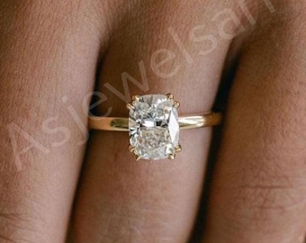 3 Carat Elongated Cushion Cut Lab Grown Diamond Solitaire Engagement Ring, IGI Certified E-VS1, 14k Yellow Gold
