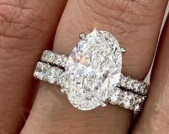 4.2CT Oval Cut Diamond Wedding Ring Set Genuine Lab Grown Oval Engagement Ring Set Round Half Eternity Band, Gold Ring