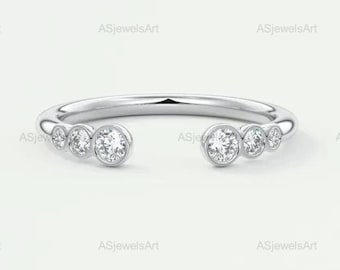 Round Cut Lab Grown Diamond Bezel Set Band For Gift, Round Diamond Open Gap Wedding Band, 14K Gold Open Cuff Matching Band For Wedding Gift
