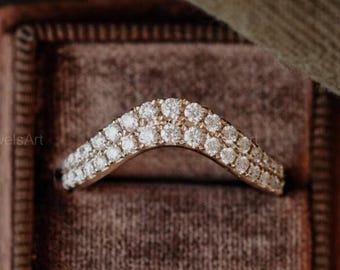 Custom Curved Ring Wedding Band for Women Real Lab Diamond Band Ring Anniversary Gift for Wife Her Chevron Ring Round Diamond Stacking Ring