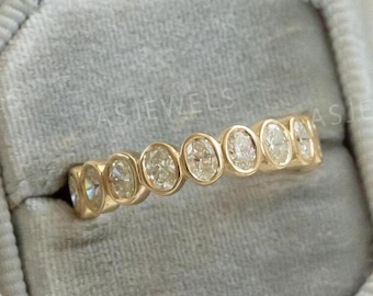 Oval Shaped Wedding Ring, 14k Bezel Setting Full Eternity Oval Shape Lab Grown Diamond Ring, Stacking Dainty Anniversary Gift