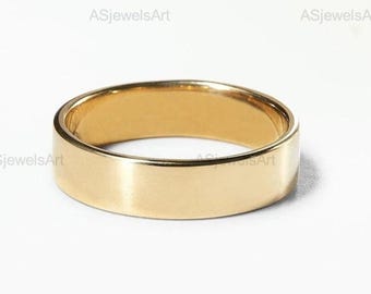 14k Solid Gold Cigar band 4mm Flat Wedding Band / 14k Yellow Gold Wedding Ring for Men and Women / Plain Simple Gold Wedding Band