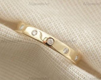 14k Solid Gold Flush Set Lab Diamond Wedding Band, Dainty Gypsy Set Gold Ring for Women, Minimalist Marriage Band, Anniversary Jewelry Gift
