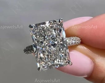 6.00 CT Radiant Cut Lab Grown Diamond Ring | Hidden Halo Engagement Ring | Pave Diamond Band Solitaire Ring | Luxury Bridal Ring