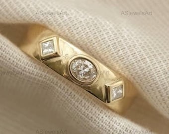 Oval Diamond Cigar Band Ring 14K Gold, Flush Set Lab Diamond Ring, Wide Gold Wedding Band, Chunky Diamond Anniversary Ring, Statement Ring
