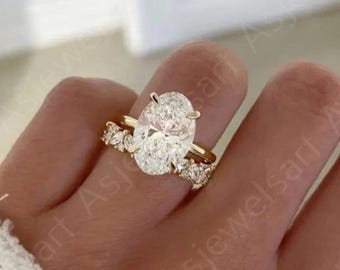 Oval Cut Lab Diamond Engagement Ring Set, Hidden Halo, Marquise Band, 14K Gold Bridal
