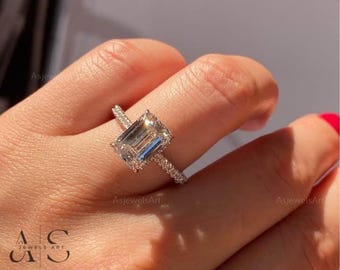 Emerald Cut Lab Grown Diamond Engagement Ring: Hidden Halo Pave Band