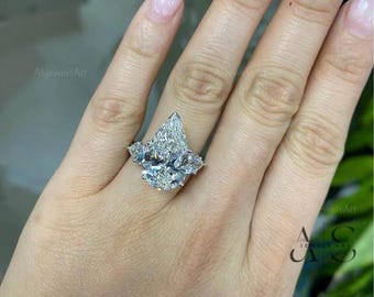 5CT Pear Shape Lab Grown Diamond Engagement Ring in 18K Solid White Gold E VVS2 IGI Certified Three Stone Ring with Pear Side Diamonds