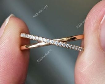 14k Gold Pave Moissanite X Ring: Criss Cross Double Band