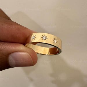 14金ダイヤモンドスターバーストエタニティウェディングバンド、星型セッティングダイヤモンドウェディングリング、記念日ギフト、厚みのあるゴールドウェディングバンド