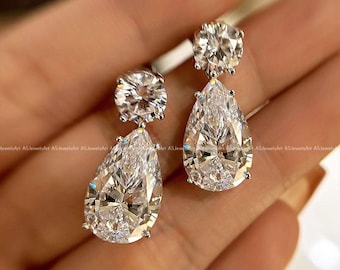 6.75 TCW Pear Round Diamond Earrings, Lab Grown Diamond Earrings, 2 Stone Diamond Pear Teardrop & Round Earrings