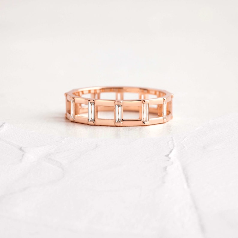 Diamond Eternity Wedding Ring 14k Solid Gold Baguette Ladder Ring