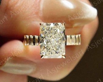 4CT Radiant Cut Lab Grown Diamond Engagement Ring | IGI Certified Radiant Diamond with Baguette Side Stones | Luxury Bridal Ring Solid Gold