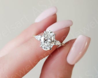 2.5CT Oval Three Stone Ring Real Lab Grown Diamond Engagement Ring Oval Trilogy Ring for Anniversary Gift Side Pear Three Diamond