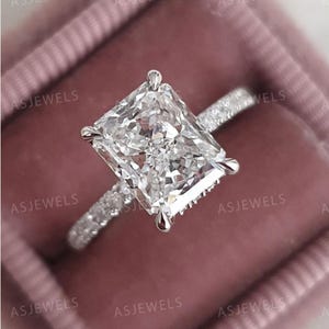 2.5ct Radiant Cut Moissanite Engagement Ring, Classic 4 Claw Prongs With Invisible Halo Ring, Pave Solitaire Ring, Bridal Wedding Ring