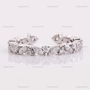 1.2TCW Lab Diamond Open Cuff Wedding Ring, Marquise and Round Thin Open Gap Stacking Ring, Minimalist Open Gap Band Ring for Her