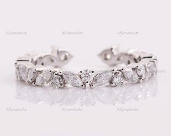 1.2TCW Lab Diamond Open Cuff Wedding Ring, Marquise and Round Thin Open Gap Stacking Ring, Minimalist Open Gap Band Ring for Her
