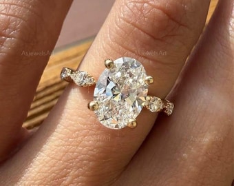 Oval Lab Grown Diamond Engagement Ring for Women, Round Diamond Wedding Ring, Handmade Yellow/White/Rose Gold Anniversary Ring