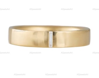 Baguette Cut Wide Wedding Band, Lab Diamond Wedding Ring, Minimalist Stackable Ring for Men and Women, Yellow Gold Anniversary Matching Ring