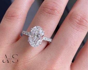 3.0 CT Oval Cut Lab Grown Diamond Engagement Ring, Lab Created E/VVS2 Diamond Ring, Pave Band/Hidden Halo, Anniversary Gift for Her