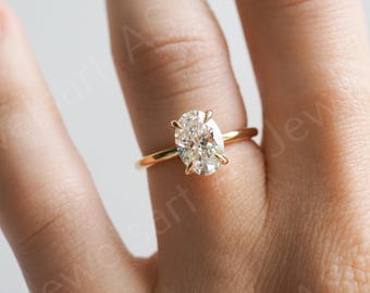 3 kt ovaal geslepen moissaniet verlovingsring, verborgen halo ovaal geslepen solitaire trouwring in 14 kt geelgouden beloftering cadeau voor haar