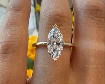 2.5 Carat Marquise Cut Lab Grown Diamond Engagement Ring | IGI Certified Solitaire Hidden Halo 14K Gold