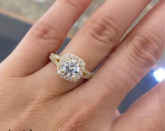 Round Diamond Halo Engagement IGI Certified Lab Grown Split Shank 14K White Gold ASJewelsArt