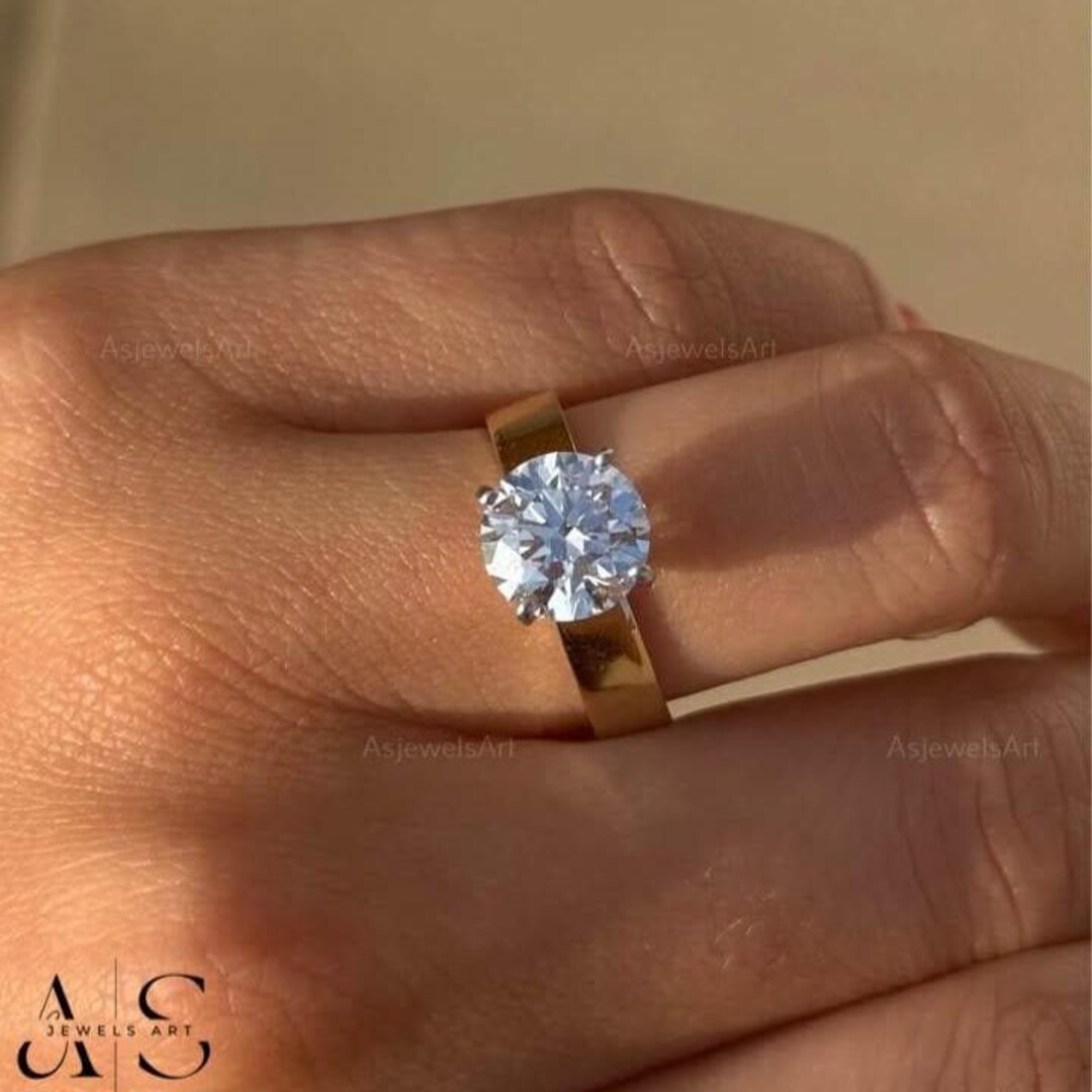 High Setting Rings Round Round Diamond Engagement Ring Brilliant Cut Lab Grown Diamond Ring Wide ...