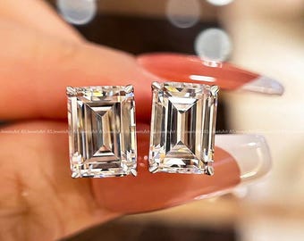 Emerald Cut Lab Grown Diamond Stud Earrings, 4 TCW Solitaire Claw Prong Set