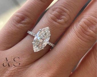 2.5 CT Lab Grown Diamond Ring - Marquise Cut with Hidden Halo and Pave Side Diamonds, Engagement Anniversary Gift for Her, IGI Certified