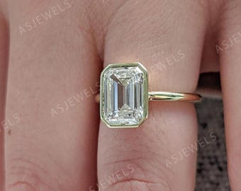 3CT Emerald Cut Diamond Engagement Ring Bezel Setting Ring Lab Grown Diamond Emerald Solitaire Wedding Ring Emerald Diamond Anniversary Ring