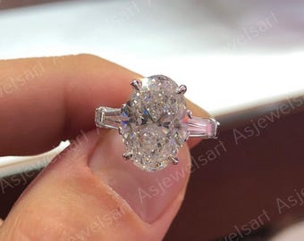 3CT Oval Lab Grown Diamond Three Stone Engagement Ring, Side Tapered Baguette Diamond Bar Set Ring, 14K Solid Gold Ring, Claw Prong Set Ring