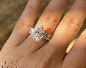 Lab Grown Diamond Marquise Cut Ring, 14K Gold Baguette & Round Engagement Band