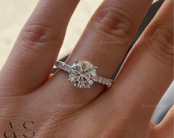2 Carat Round Cut Lab Grown Diamond Engagement Ring / Pavé Side Stones & Hidden Halo / IGI Certified / 14k White Gold