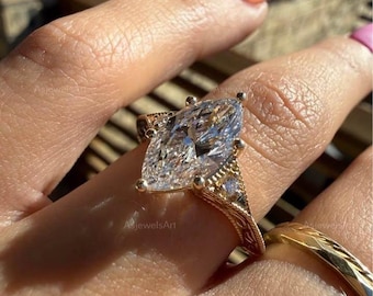 3 Ct Marquise Lab Grown Diamond Engagement Ring: Vintage Art Deco Gold Band